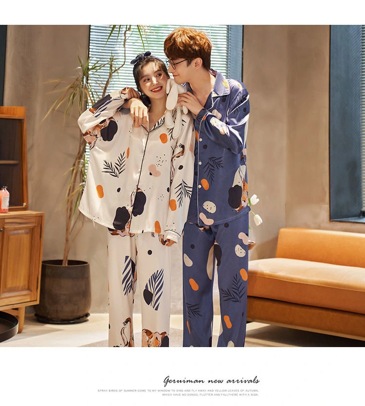 Couple Pyjamas Cardigan Long-Sleeved Pants Pajamas Suit Loose Lapel Sleepwear Cartoon Leisure Loungewear Sweet Women Pajamas