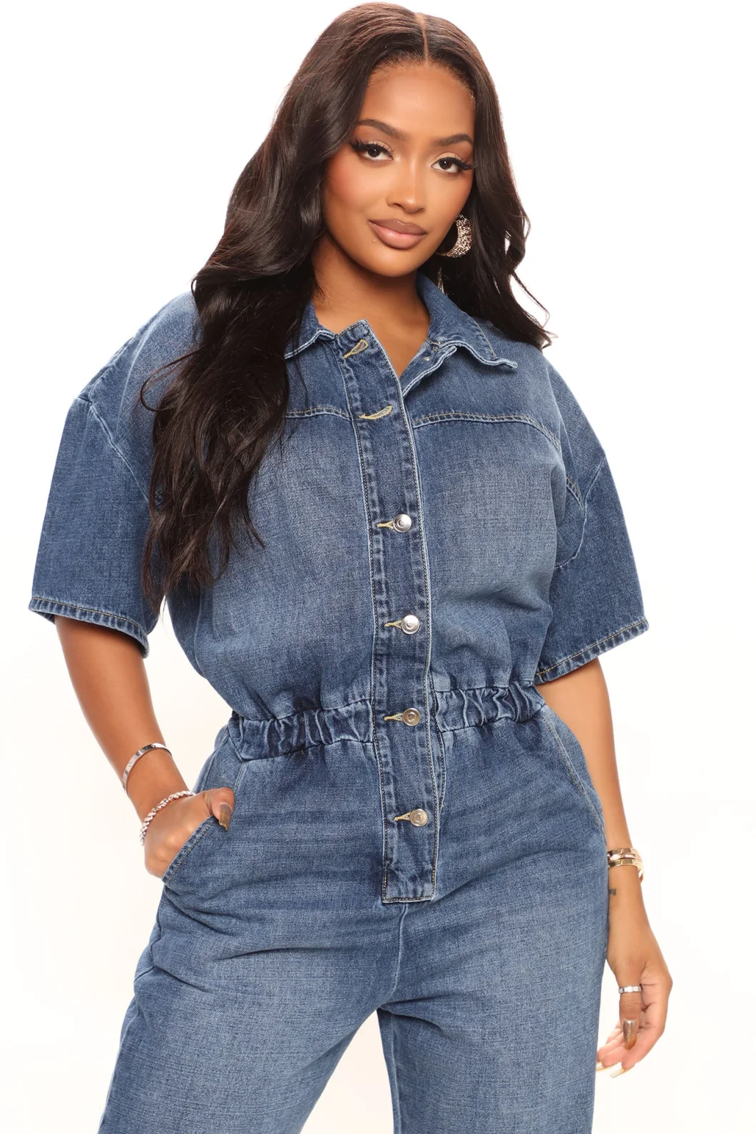 Women MID Blue Non-Stretch Clothing Short Sleeve Collar Elastic Waistband Wash Jogger Denim Jumpsuit