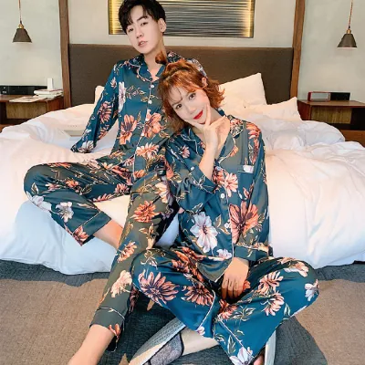 커플 잠옷 카디건 긴 소매 바지 잠옷 정장 느슨한 옷깃 잠옷 만화 레저 Loungewear 스위트 여성 잠옷